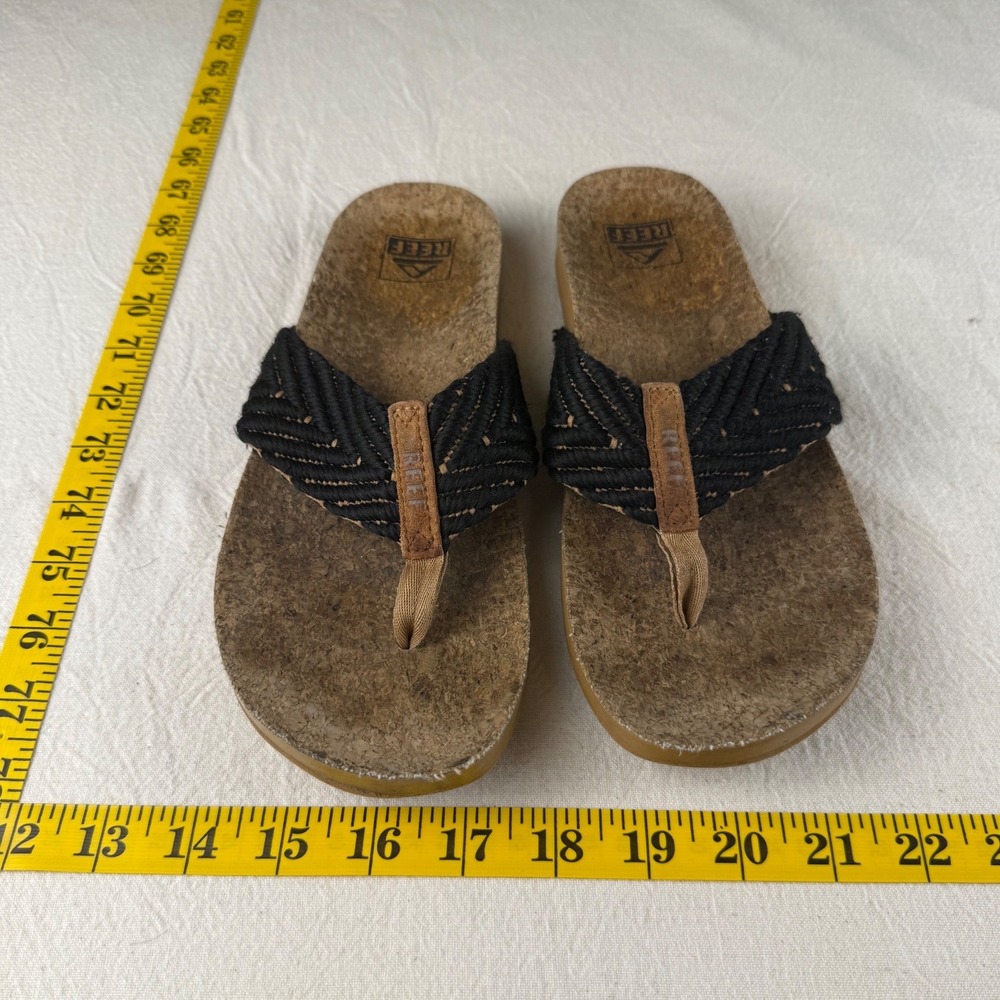 Reef Flip Flop Sandals Womens 9 Black Good Condition Cork Braided Rope Straps